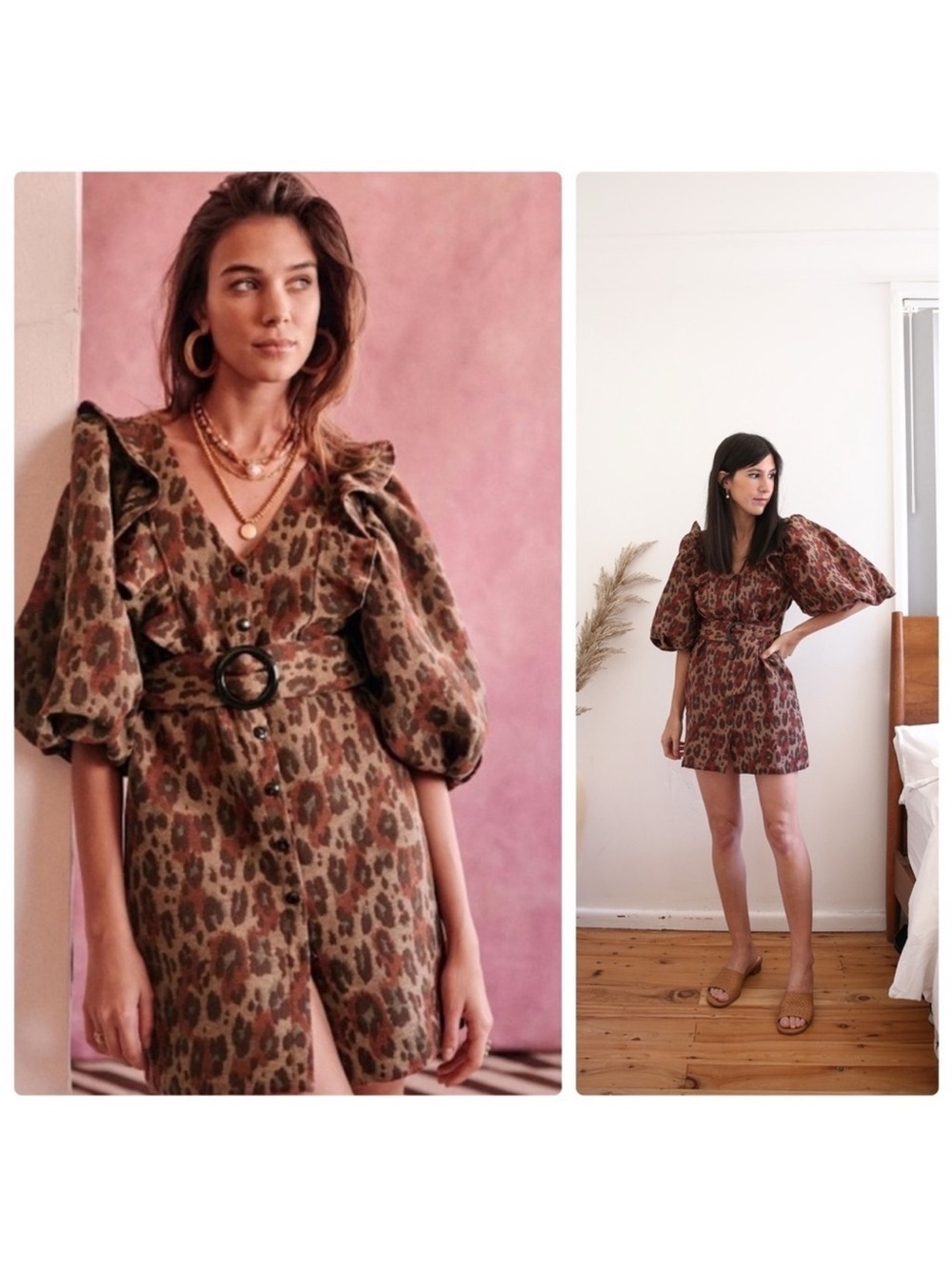 New Sezane Lia Jacquard Leopard Puffer Sleeves Dress Size US 4​​​